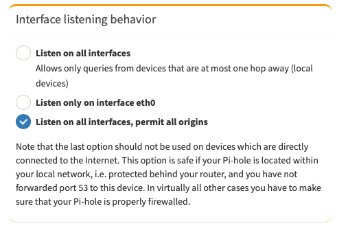 Pi-hole Interface listening behavior web UI